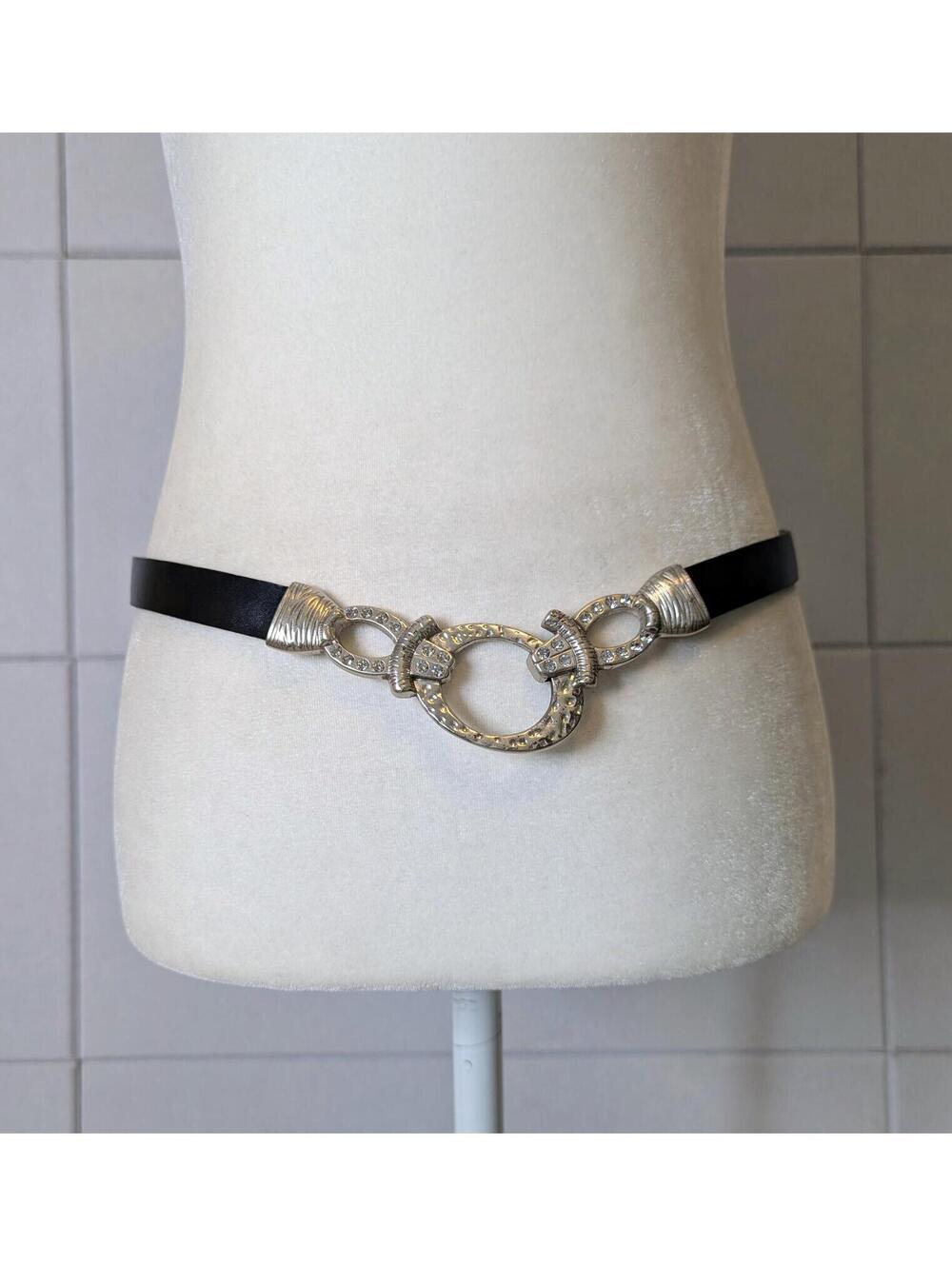 Chico's black leather skinny belt w/ hammered O-ring rhinestone clasp